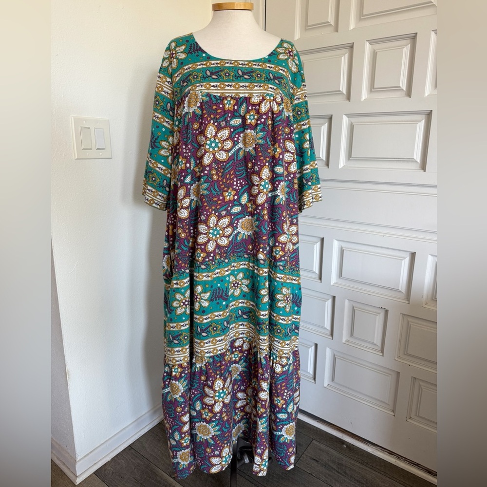The Vermont Country Store Floral Maxi Dress Teal Purple Yellow Half Sleeve Sz 3X